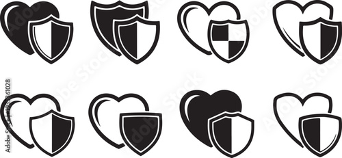 Heart and Shield Icons in Black and White Colors