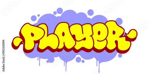 Player Graffiti Throw Up Art in Yellow and purple for Team Sports and Competitive Urban Lifestyle Vector Design.