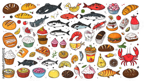 Food elements illustration set with bread cupcakes fish crab shrimp bakery and seafood items flat vector design