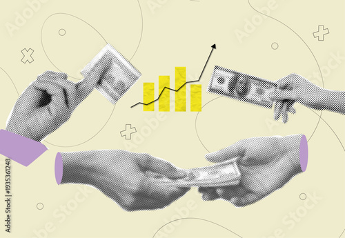 Halftone collage,Business Partnership and Financial Growth Concept with Handshake, Investment Exchange and Rising Bar Chart Collage