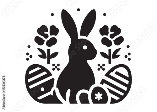 easter bunny eggs and flowers logo silhouette, easter eggs silhouette vector illustration,  decorative pattern logo silhouette, easter bunny eggs and floral logo silhouette design on white background