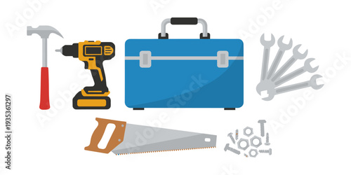 Essential home repair and construction tools including a hammer, power drill, hand saw, wrenches, nuts, and bolts