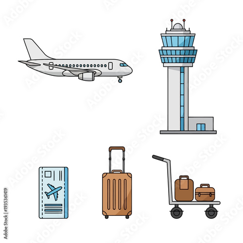 Airplane in flight near airport control tower with luggage cart and travel documents