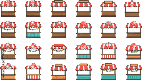 Market stall kiosk icon set with striped canopy street shop booth retail stand vector illustration collection