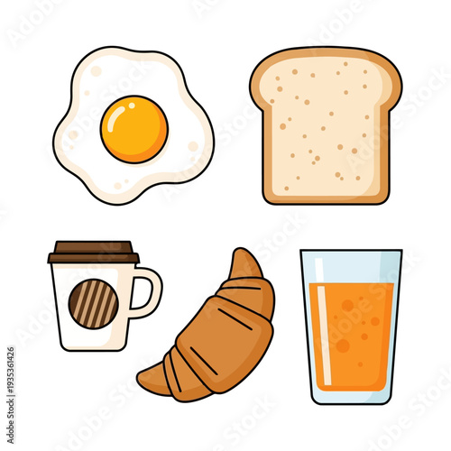 Breakfast items including egg, toast, coffee, croissant, and juice arranged on a clean white background from a straightforward viewpoint