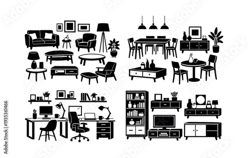 Home interior furniture and decorative items collection. Modern and minimalist silhouettes from various rooms