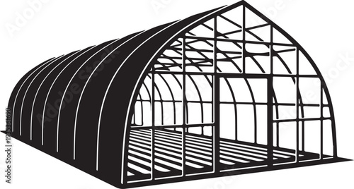 Black and white illustration of an empty greenhouse structure