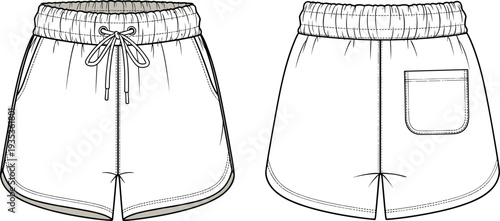 Fashion technical flat sketch vector illustration template of casual athletic shorts featuring elastic waistband drawstring side and back patch pockets.