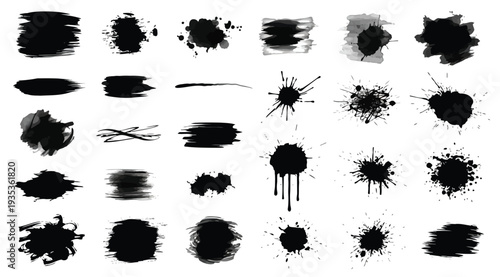 Collection of various black ink splatters and brush strokes on white background for creative design