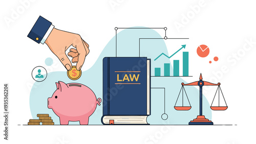 Comprehensive legal and financial concept featuring a piggy bank alongside a law book and scales of justice.