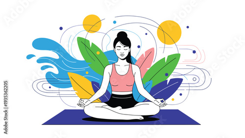 Peaceful woman meditating in a lotus pose surrounded by vibrant abstract shapes and lush green leaves.