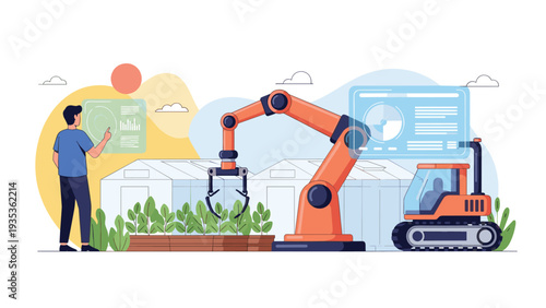 Technical worker monitoring an automated smart greenhouse using a robotic arm and advanced data analytics.