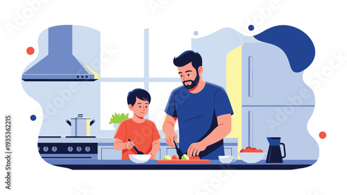 Caring father and his young son enjoying their time together while cooking a healthy meal in a modern kitchen.