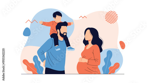 Happy young family featuring a loving father carrying a child on his shoulders and his beautiful pregnant wife.