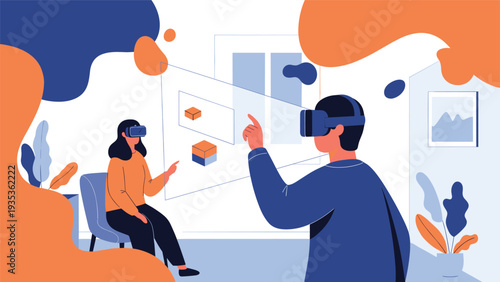 People wearing virtual reality headsets while interacting with complex holographic three-dimensional interfaces in a modern indoor digital environment.