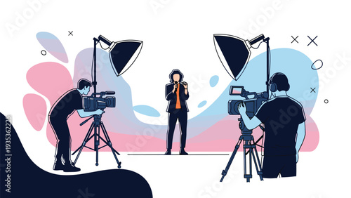 Media production crew filming a professional speaker in a modern studio equipped with cameras, lighting equipment, and a vibrant abstract background.