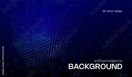 Abstract ai cyber background with 3d cube from dots and circles. Big data digital science and technology design and tech blockchain blue business concept backdrop. Computer network connection pattern.