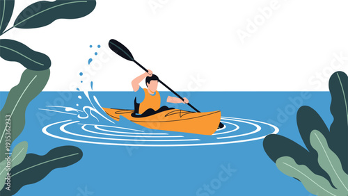 Young man wearing a safety vest paddling an orange kayak through splashing blue water surrounded by lush tropical green leaves in a flat design.