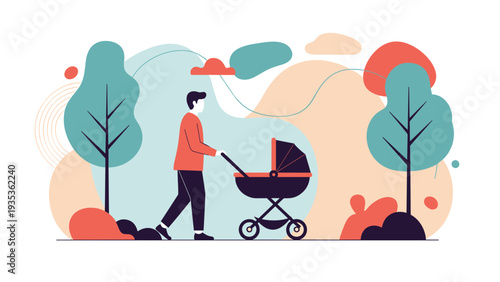 Man walking through a beautiful public park with a baby in a stroller surrounded by abstract colorful trees and natural scenery.