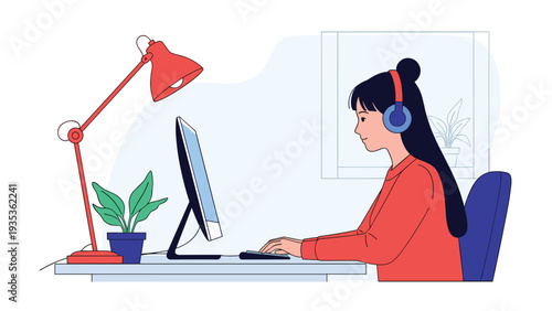 Young woman wearing headphones and sitting at her desk while working or studying on a computer in a clean and modern home office setup.