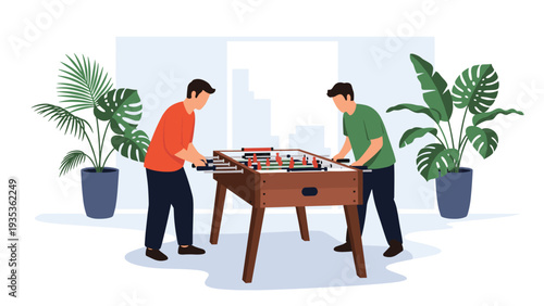 Two young men enjoying a competitive game of table football in a modern recreation room decorated with large indoor tropical plants and clear windows.