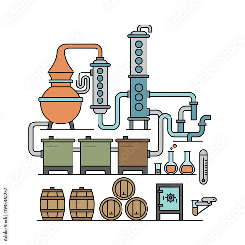 Distilling alcohol, showing fermentation, distillation, and aging in wooden barrels. Depicting a complete production system