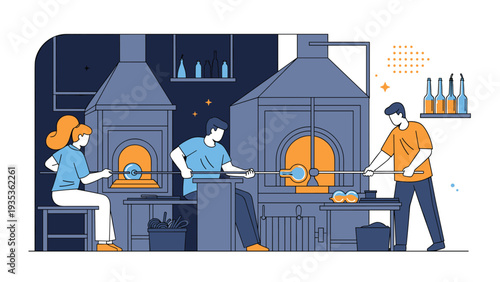 Team of professional glassblowers working with molten glass near large industrial furnaces in a traditional glass manufacturing factory.