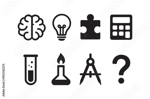 Black icons representing intelligence learning and problem solving concepts