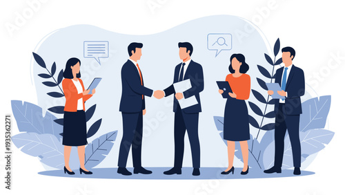 Group of business people shaking hands and using digital tablets to finalize a deal in a professional corporate environment.