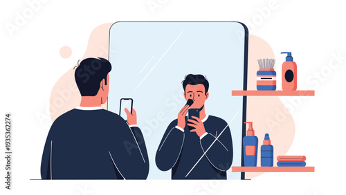 Man standing in front of a bathroom mirror and taking a selfie while applying face cream or makeup for his grooming routine.