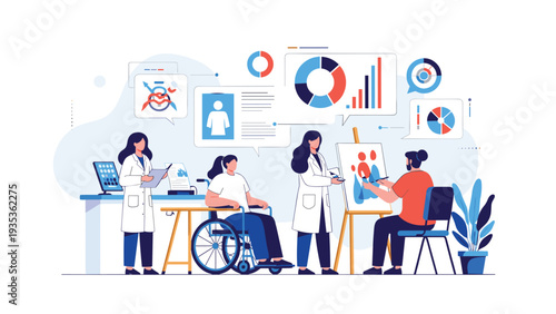 Healthcare professionals working with a patient in a wheelchair and an artist painting to demonstrate a holistic approach to recovery.