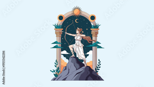 Ancient Greek goddess Artemis standing on a rock and aiming her golden bow towards the sky under an ornate cosmic archway.