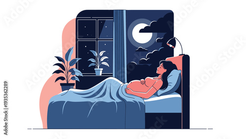 Pregnant woman sleeping peacefully in her bed at night while a large full moon and starry sky are visible through the window.