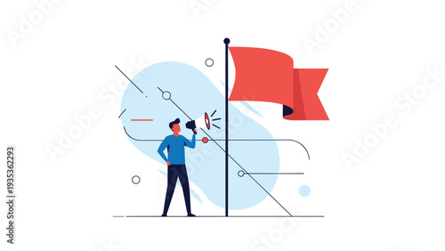 Man using a megaphone to shout and attract attention near a large red flag waving against a minimalist blue and white background.