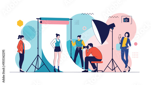Professional photography studio setup with models posing for a photographer while crew members manage lighting and backdrops.