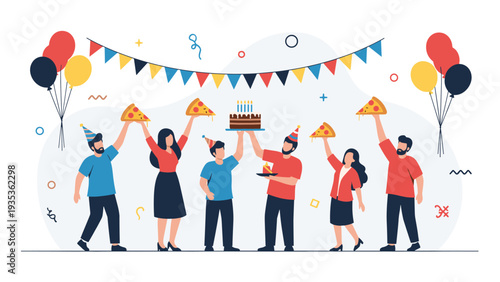 Group of cheerful friends wearing party hats and celebrating a birthday with pizza slices and a delicious chocolate cake.