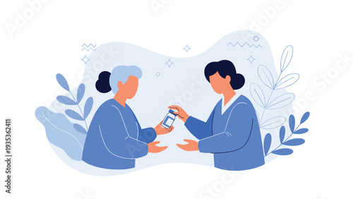 Kind woman providing assistance by handing a bottle of medicine to an elderly female patient at home.