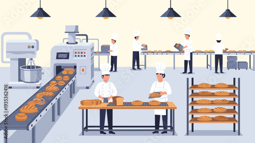 Industrial bakery production line with many bakers working together to prepare fresh bread and pastries.