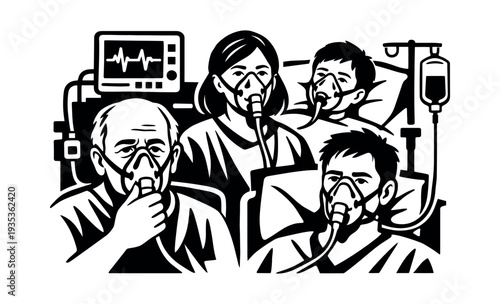 Critical patients with oxygen masks and medical monitors, receiving hospital treatment for a severe illness or respiratory emergency