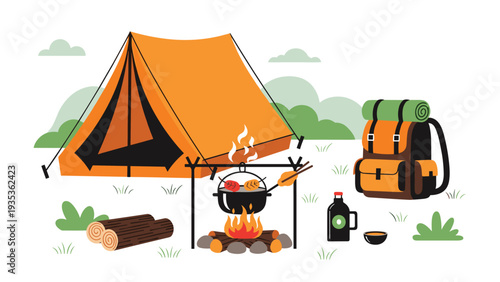 Outdoor camping setup featuring an orange tent near a campfire with a backpack and logs for the fire.