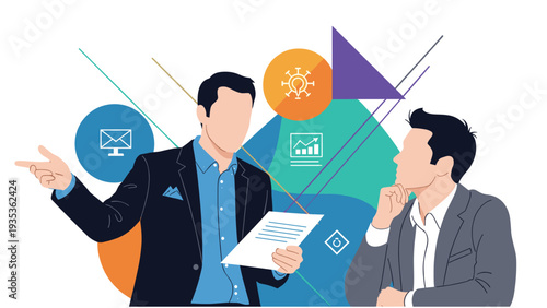 Two businessmen in suits discussing creative ideas and strategy represented by various abstract floating icons.