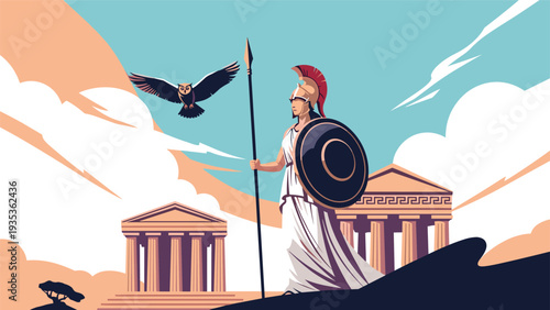 Ancient Greek goddess Athena holding a spear and shield standing before traditional temples and a flying owl.