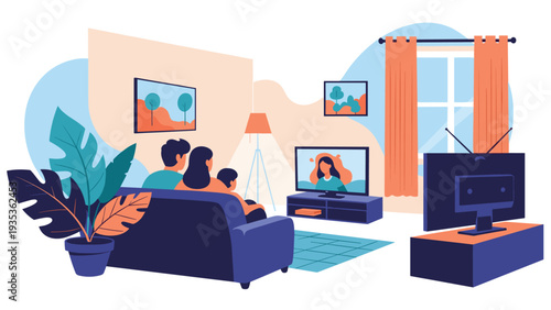 Happy family sitting together on a comfortable sofa while watching an interesting movie on their home television.