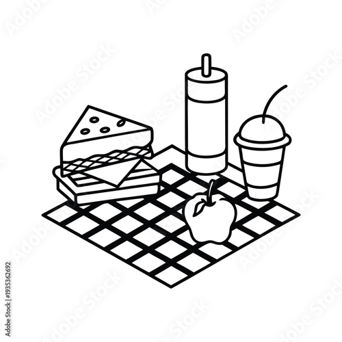 Black and white illustration of picnic items on checkered mat