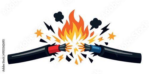 Electric fire, sparks, and smoke caused by a short circuit between two damaged electrical cables