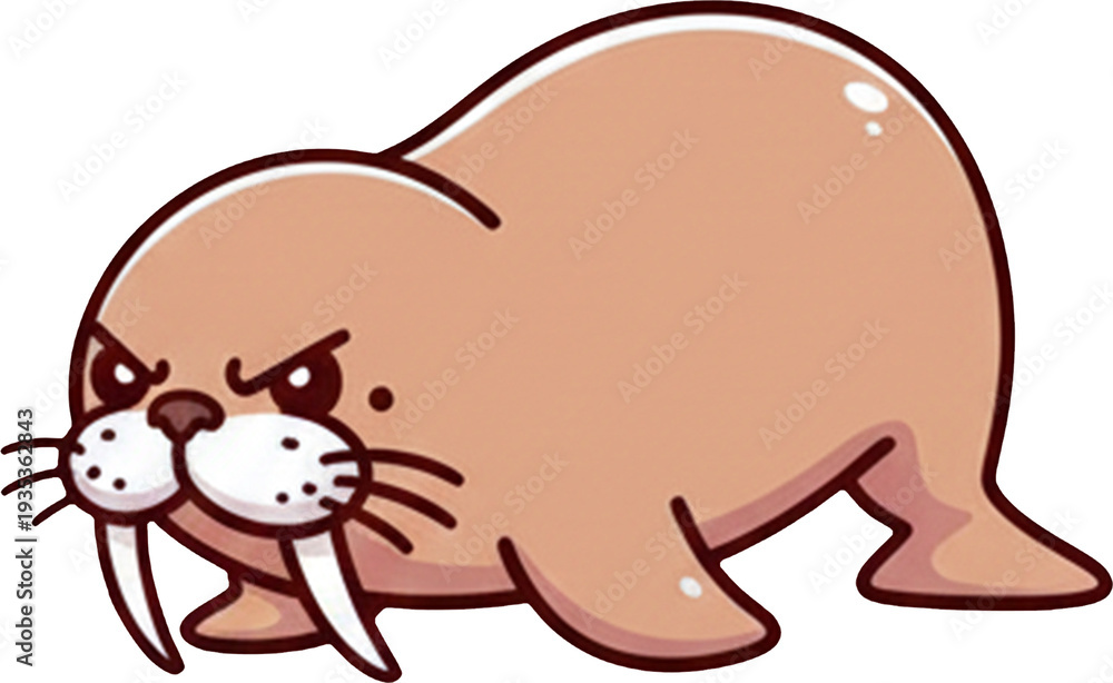 Obraz premium Adorable cute walrus smiles sweetly with big tusks and soft whiskers.