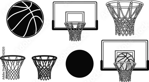 Cad drawing flat vector illustration of a basketball equipment collection featuring ball silhouettes and hoop nets for sports competition game design