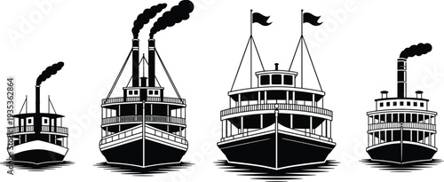 Set of black and white vintage steamboat silhouettes, retro riverboat icons with smoke stacks and decks, classic paddle steamer vector illustrations on white background.