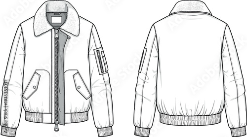 Winter bomber jacket fashion flat sketch vector template with shearling collar front and back view design for clothing tech pack