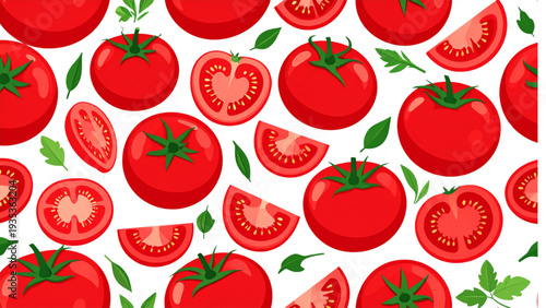 Fresh red tomatoes collection with whole sliced and cherry tomato vegetables flat vector illustration isolated